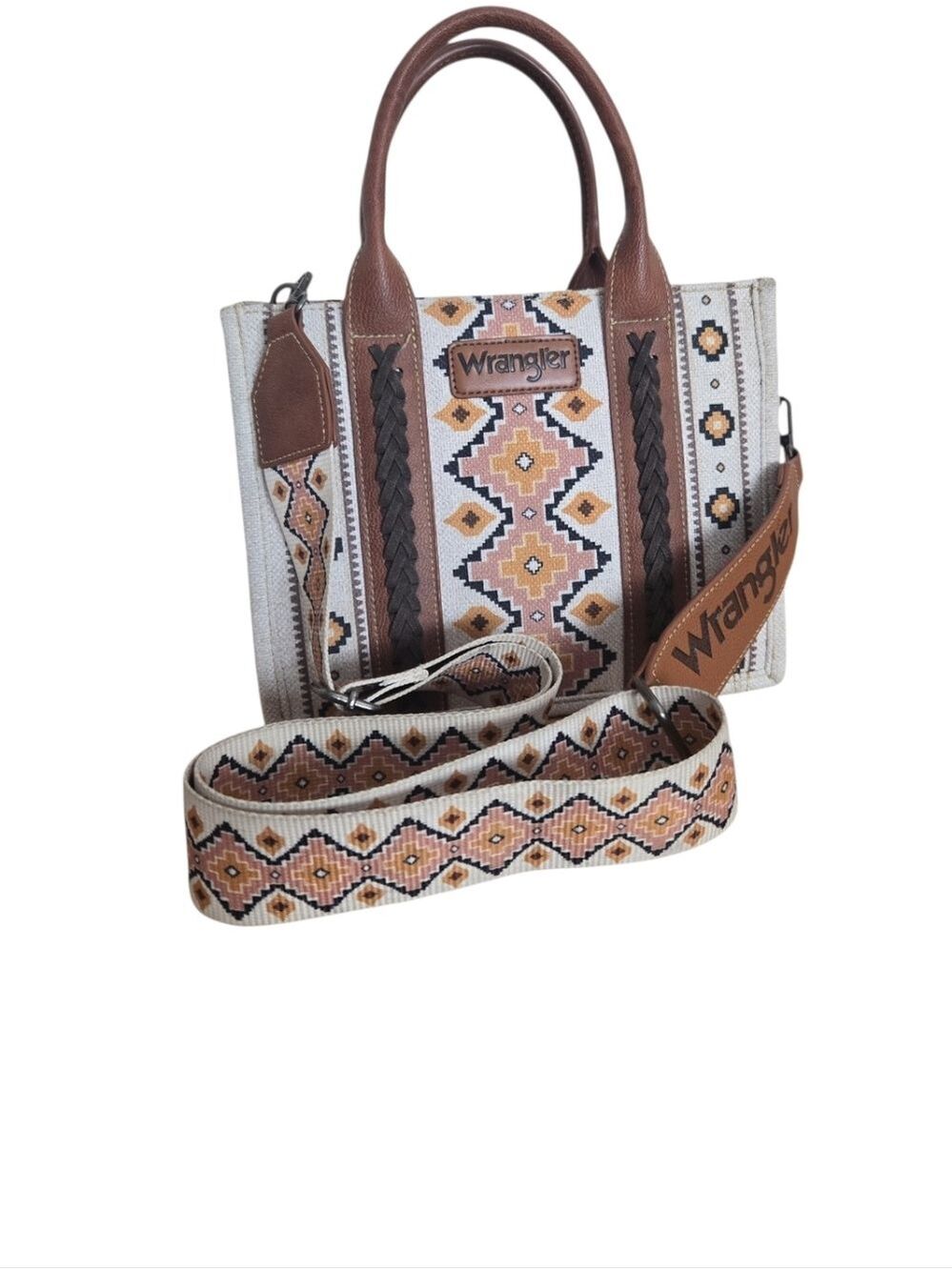 Wrangler Original Aztec Retro Print Canvas PU Leather Tote Crossbody Bag